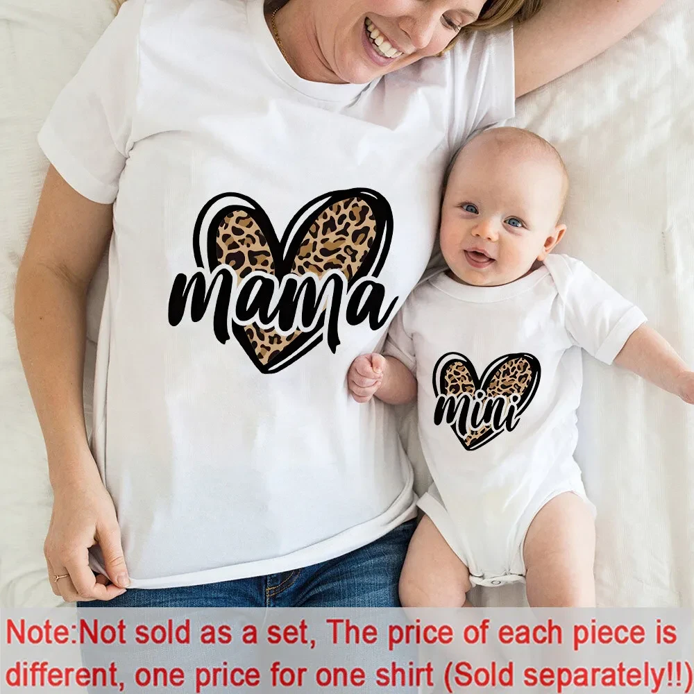 Stylish MOM&MIMI Matching Shirts Casual Short Sleeve Family Tops Leopard Heart Print Comfortable Family Outfits
