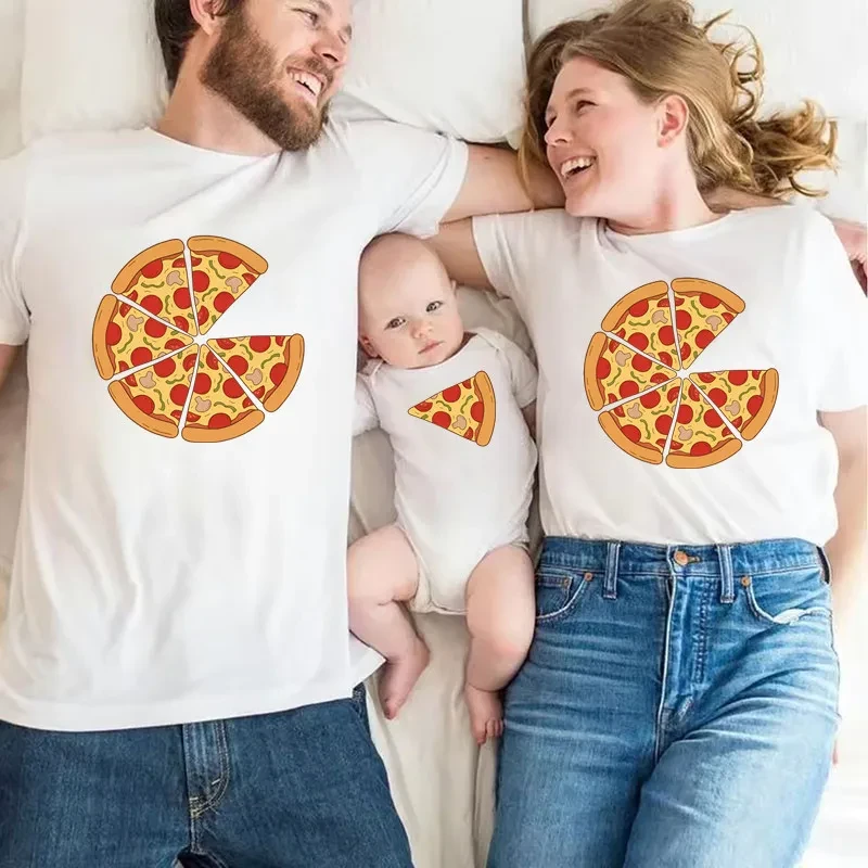 Summer Family Matching Clothes T-shirt Father Mother Daughter Son Funny Pizza Print Short Sleeve Dad Mom Baby Matching Tshirt